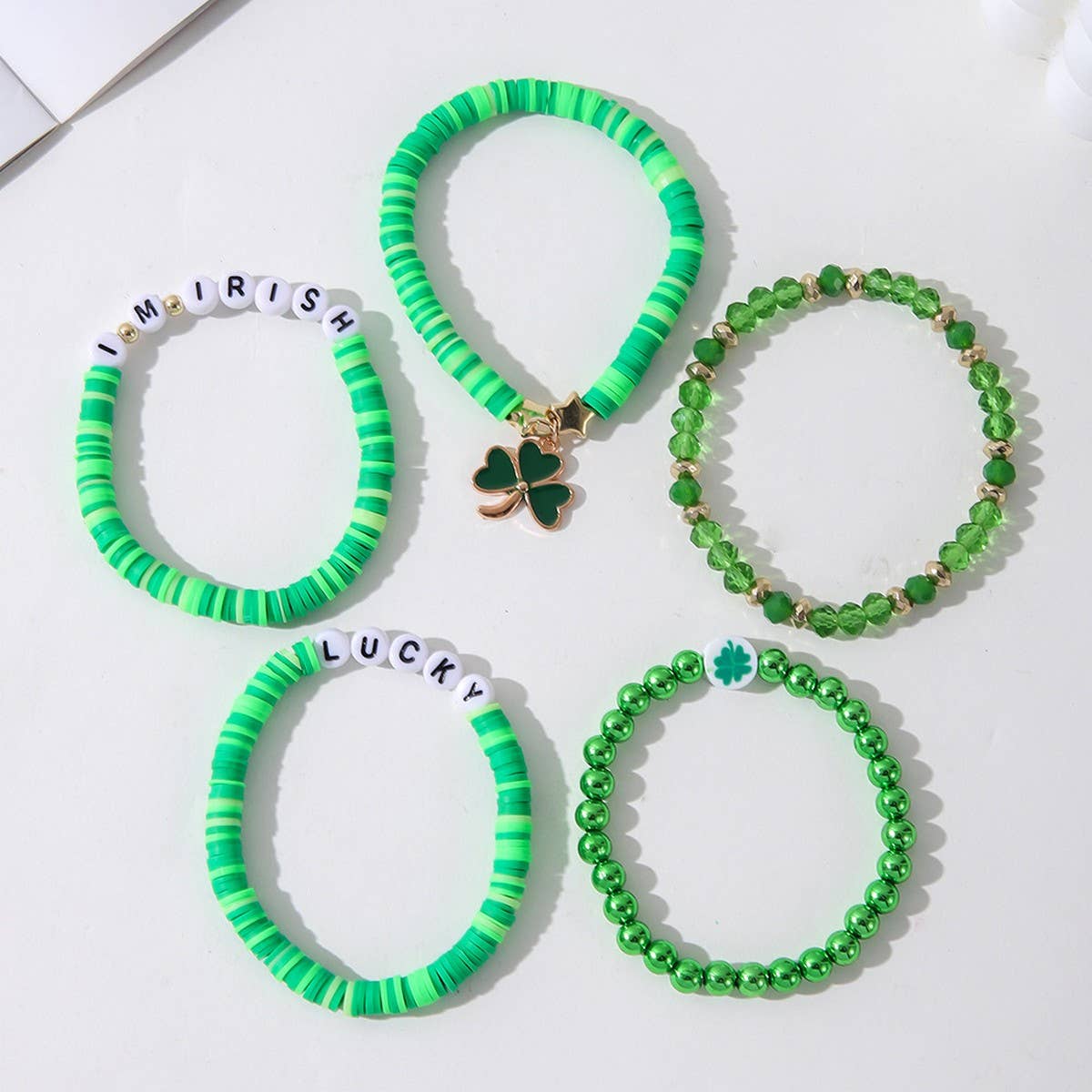 ST PATRICKS DAY GREEN SHAMROCK CHARM BRACELET SET_CWMM3496