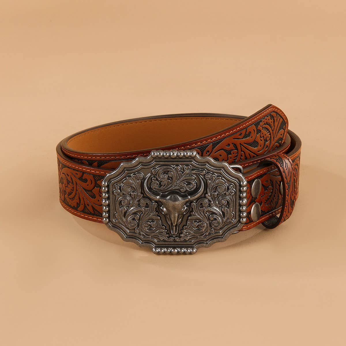 BULL HEAD CARVED VINTAGE DISTRESSED EMBOSSED BELT_CWMM3942