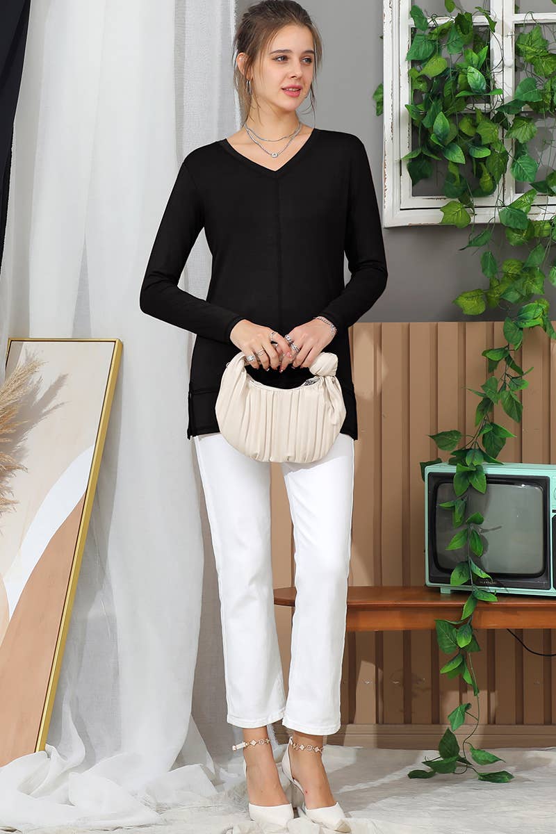 Solid V Neck Long Sleeved Shirt_Cwttl1434