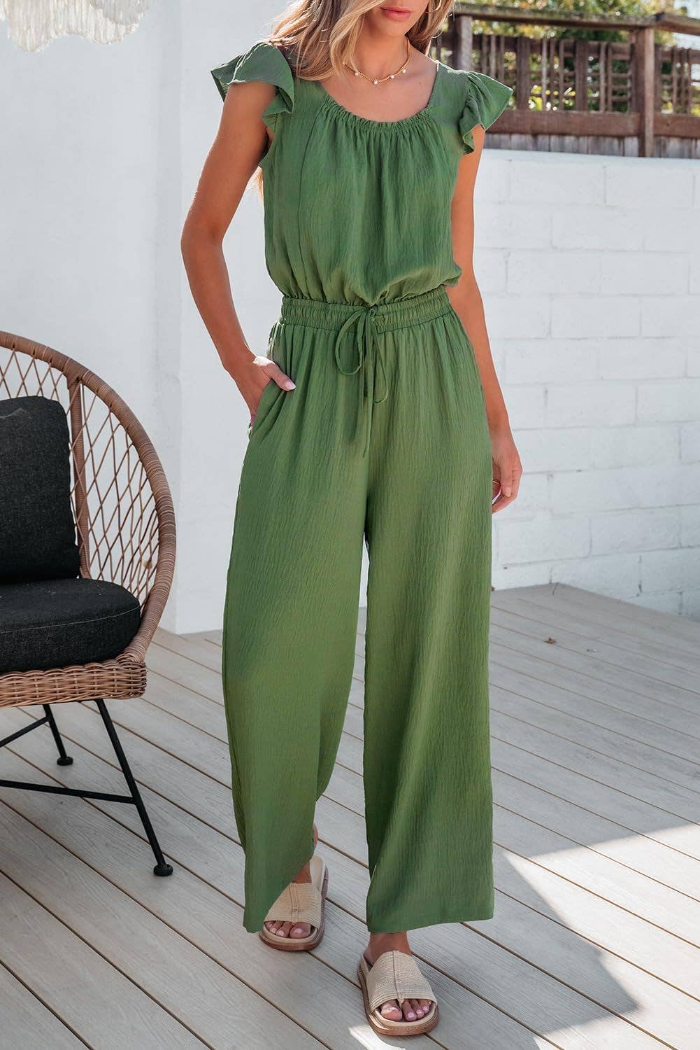 Womens Ruched Romper With Ruffle Sleeves