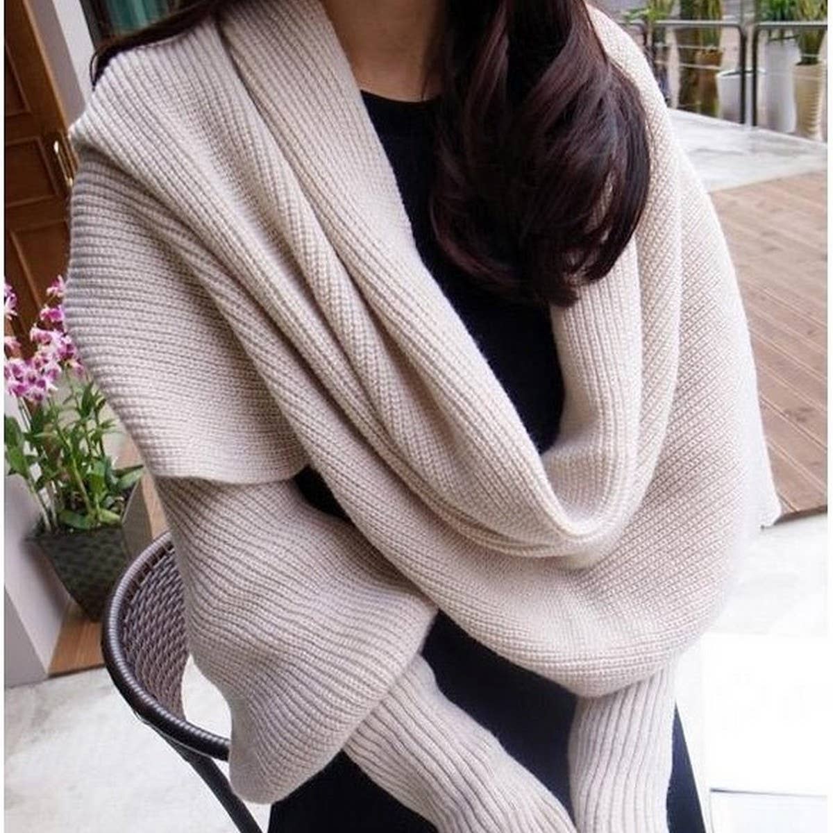 Cwasc1794_Elongated Solid Color Knitted Scarf With Sleeves