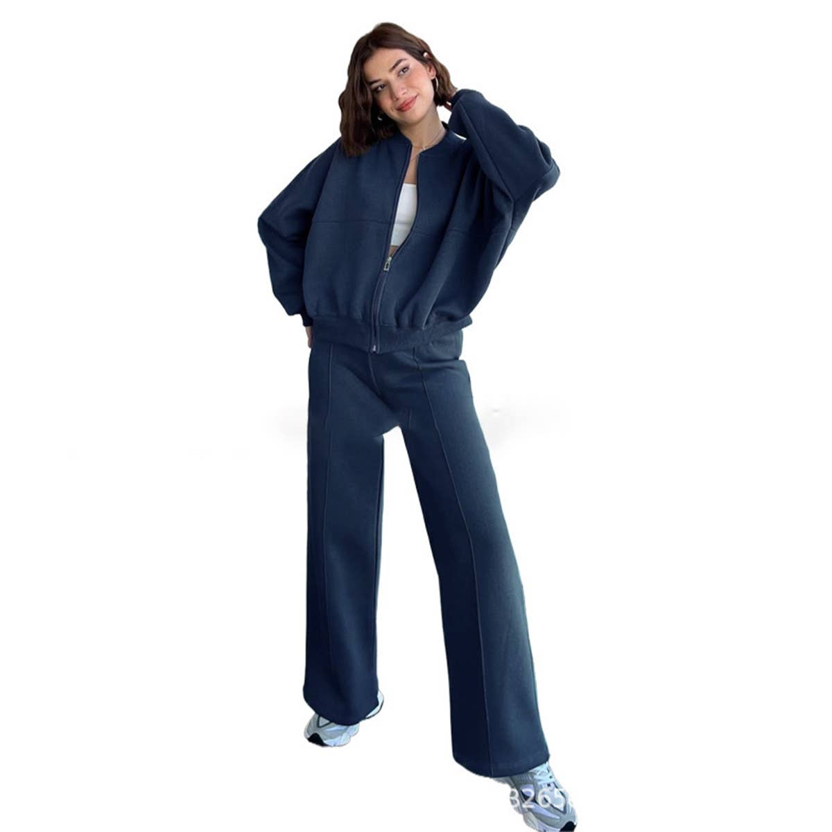 Two-Piece Set Of Zippered Cardigan And Trousers