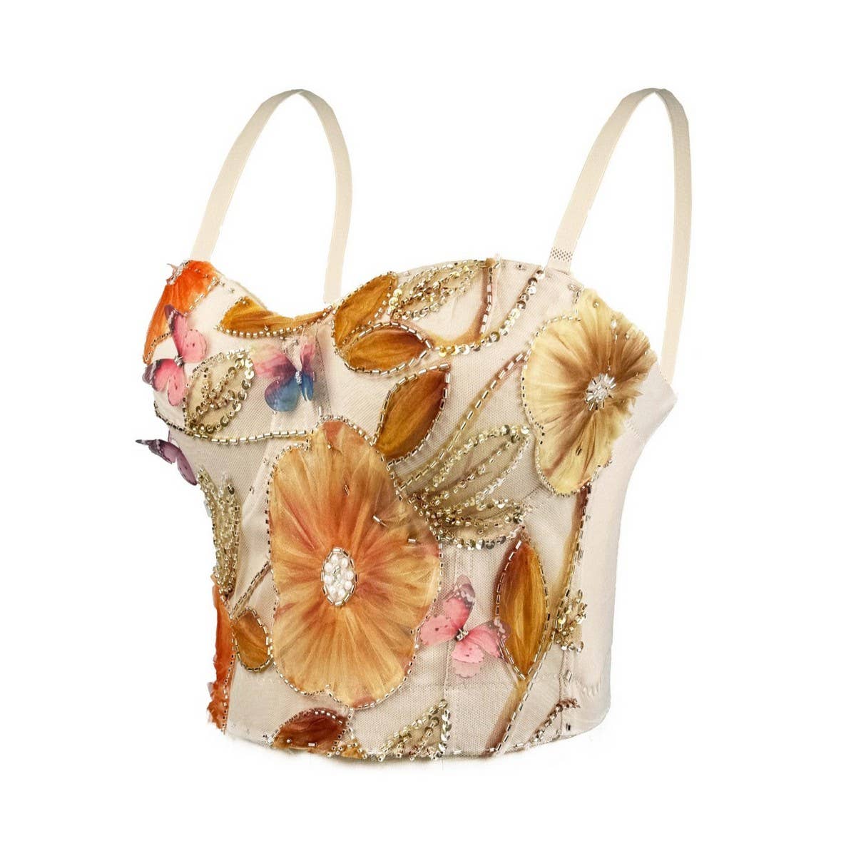 PINK FLORAL EMBROIDERED HERRINGBONE CORSET_CWMM4151