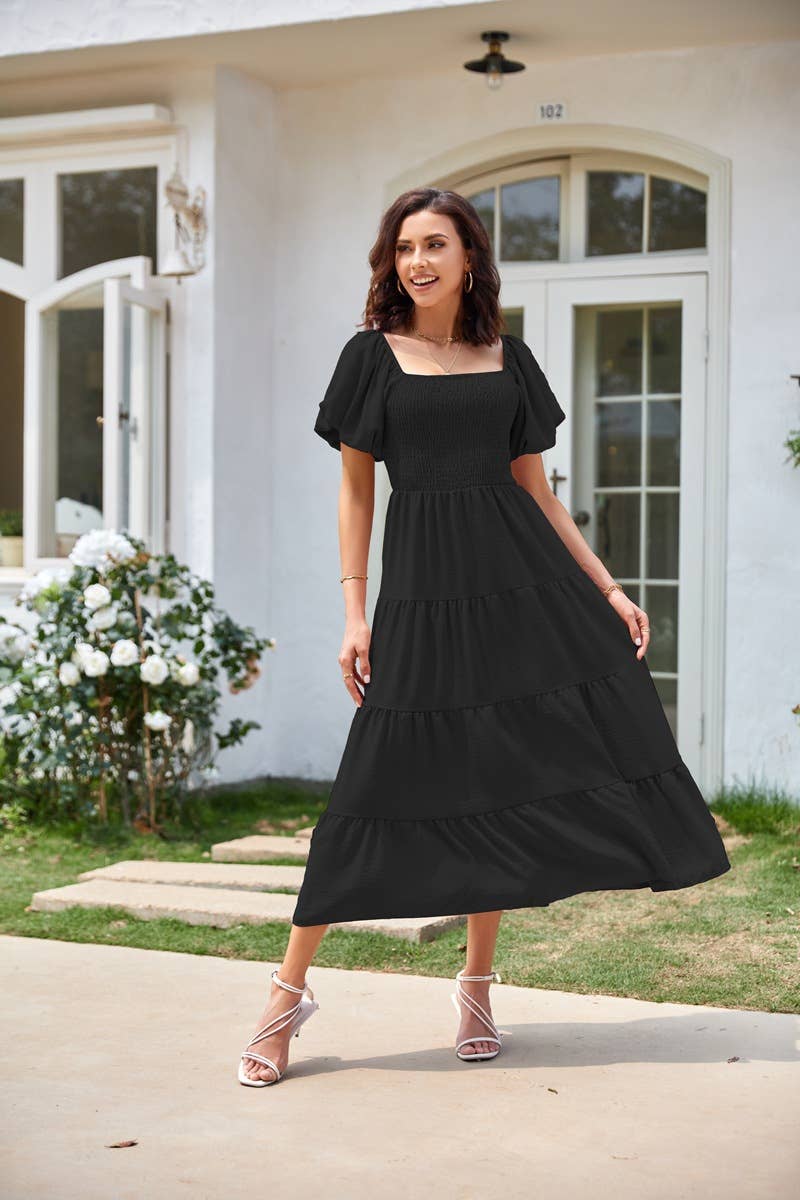 Square Neck Backless Puffy Sleeve Pleated Dress