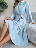 Standing Collar Long Sleeve Pleated Long Dress
