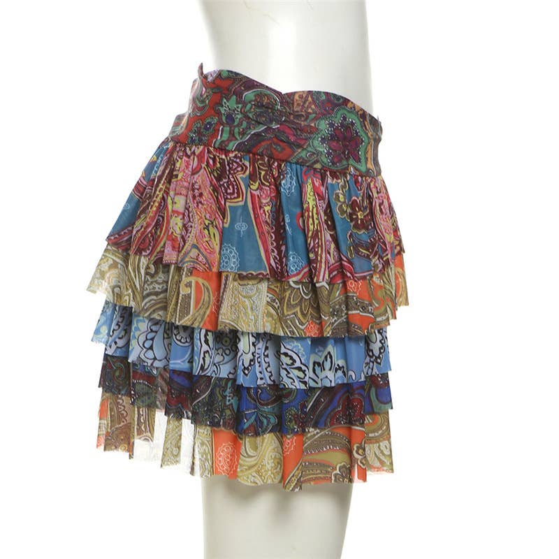 Vintage High Waist Ruffle Print Mini Skirt