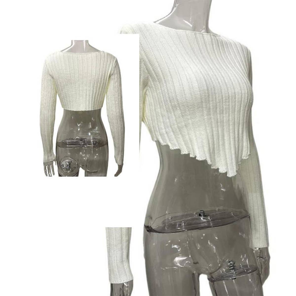 Solid-Color Long-Sleeved Knitted Short Crop Top