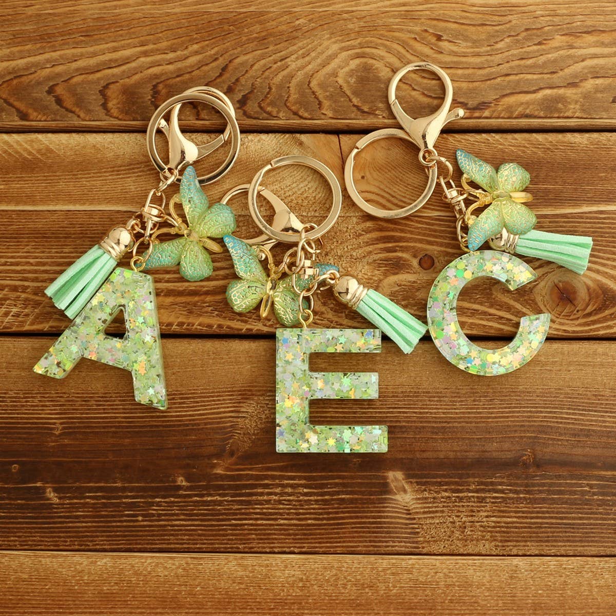 GREEN BUTTERFLY RESIN LETTER KEYCHAIN WITH GLITTER_CWAB5079