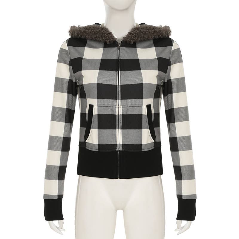 Vintage Black And White Checkered Zipper Jacket