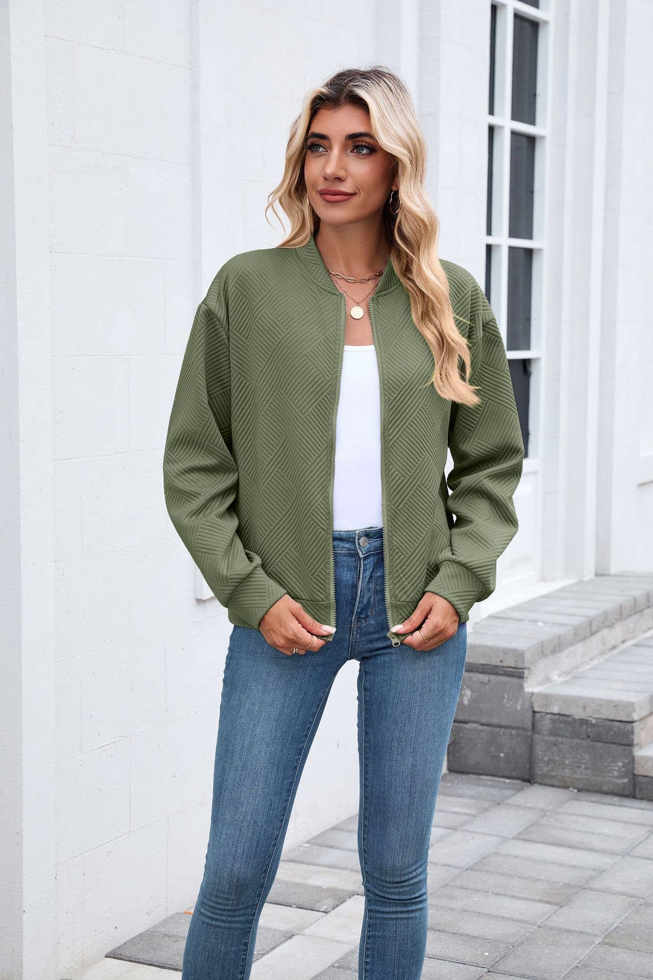 Solid-Color Round-Neck Zipper Loose Jacket