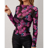 FLORAL PRINT MESH LONG SLEEVE MOCK NECK TOP_CWTBLL3427
