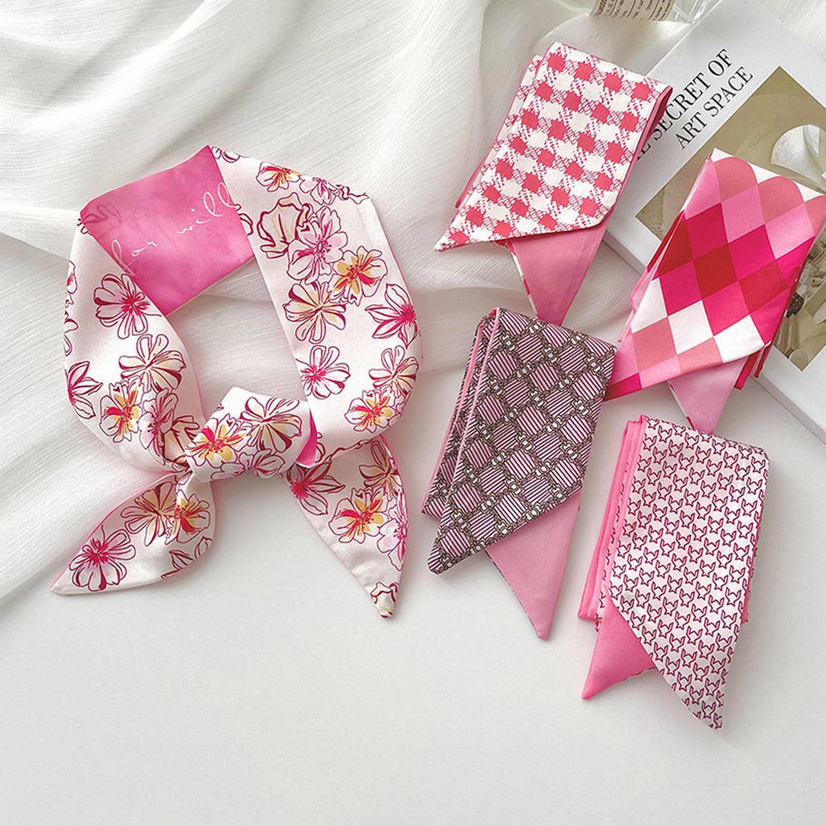PINK FLORAL SKINNY SCARF HAIR TIE BAG RIBBON_CWASC0708