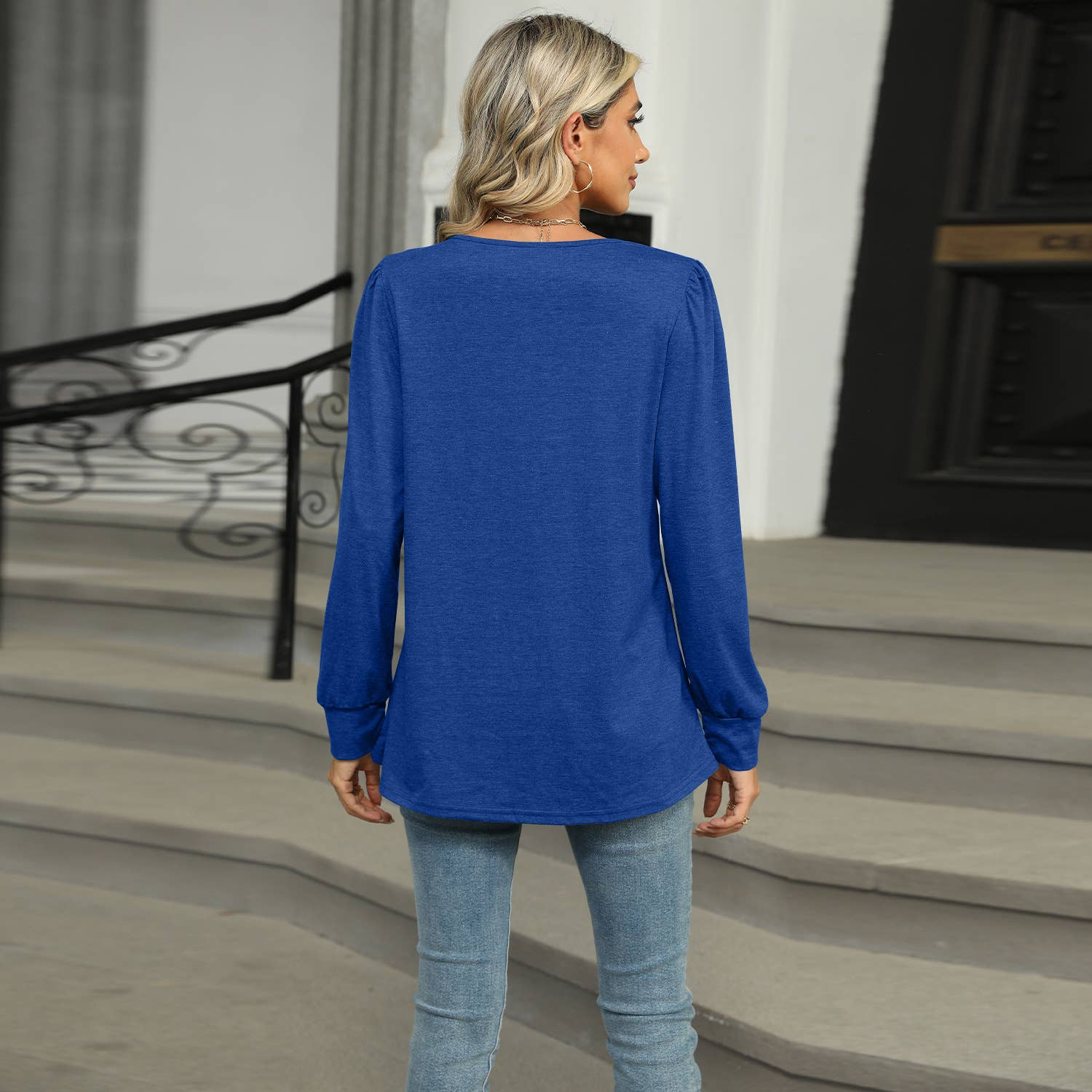 Solid Color U-Neck Pleated Long Sleeve T-Shirt