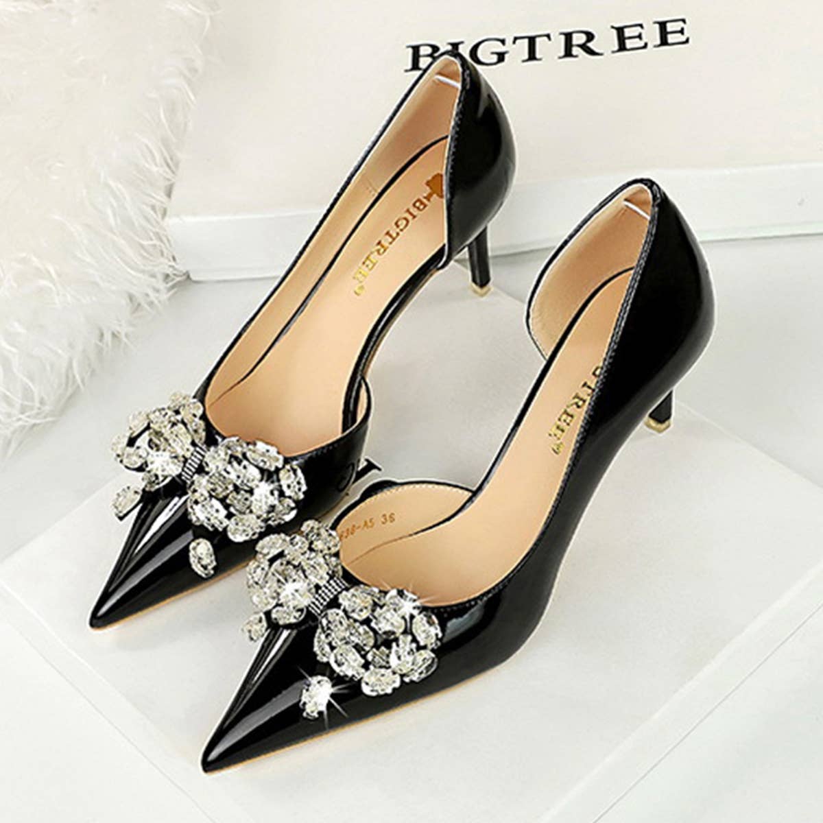 Vintage Rhinestone Pearl Side Cutout High Heels