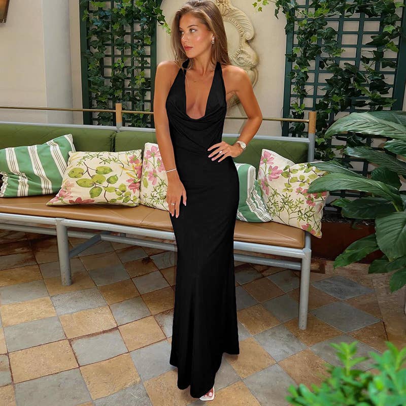 Stylish Off-The-Neck Backless Collared Dress