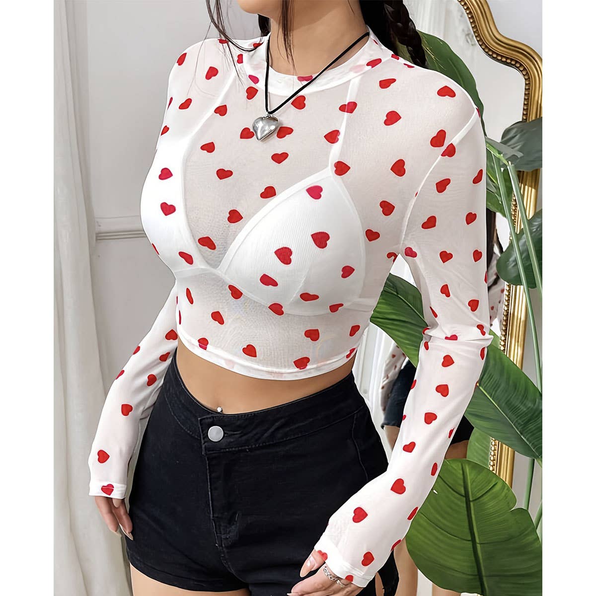 CUTE HEART PRINT MESH ROUND NECK LONG SLEEVE TOP_CWTBLL3426