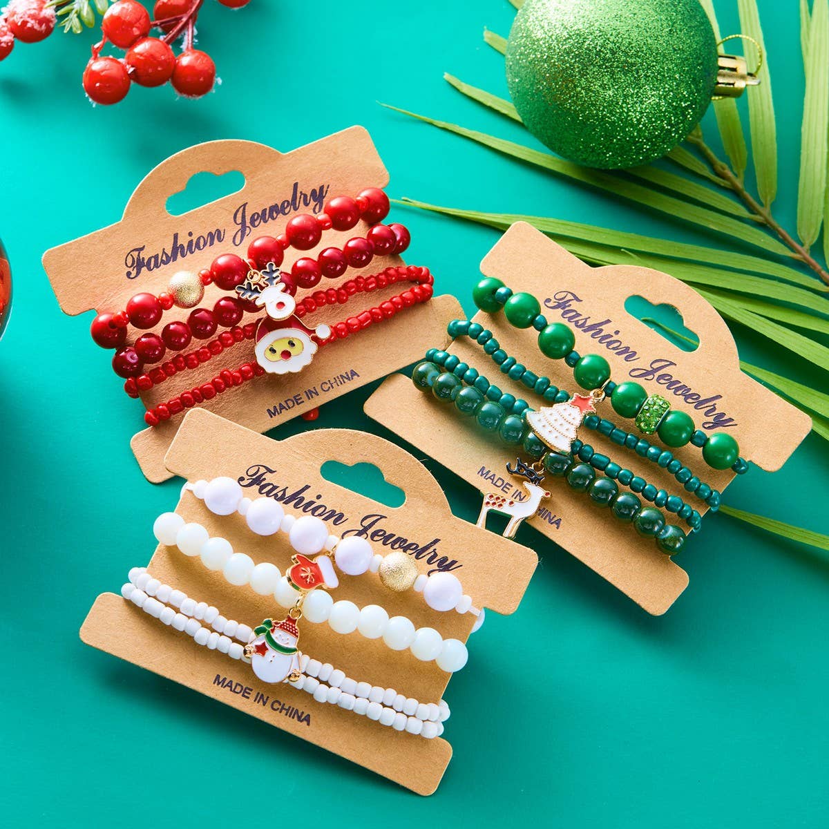 Cwaje2509_Christmas Snowflake Bell Elastic Beaded Bracelet
