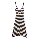 Striped Pullover V-Neck Knitted Halter Dress