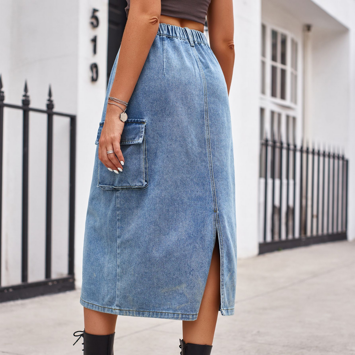 Wome Washed Denim Cargo Midi Skirt Slim Fit_Cwjsk0198