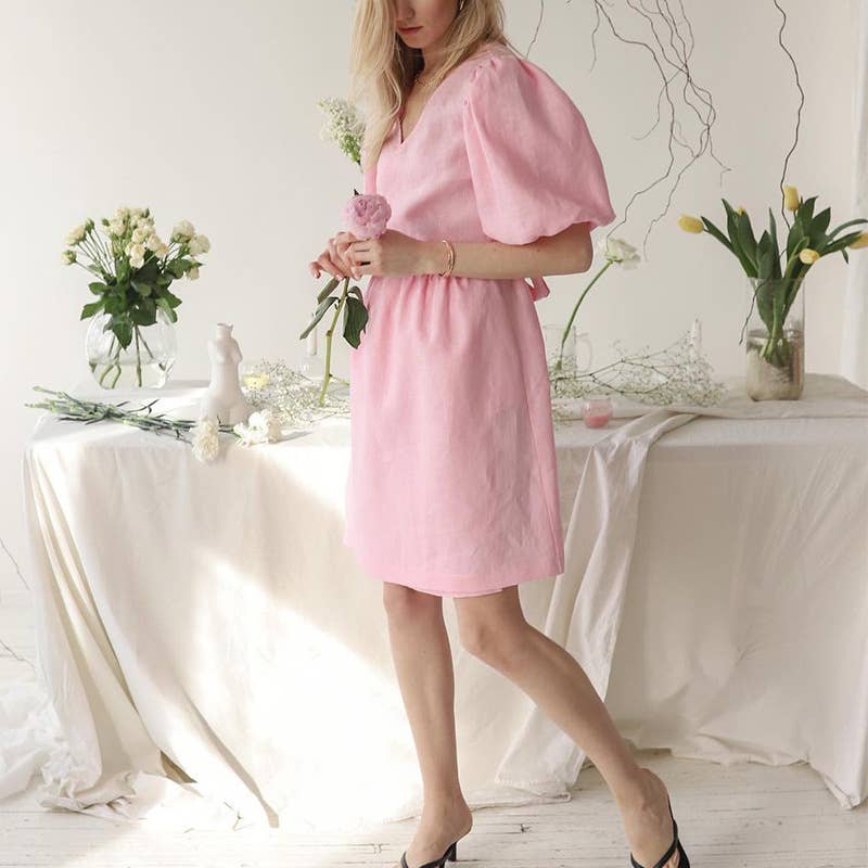 V-Neck Puffed Sleeve Cotton Linen Dress
