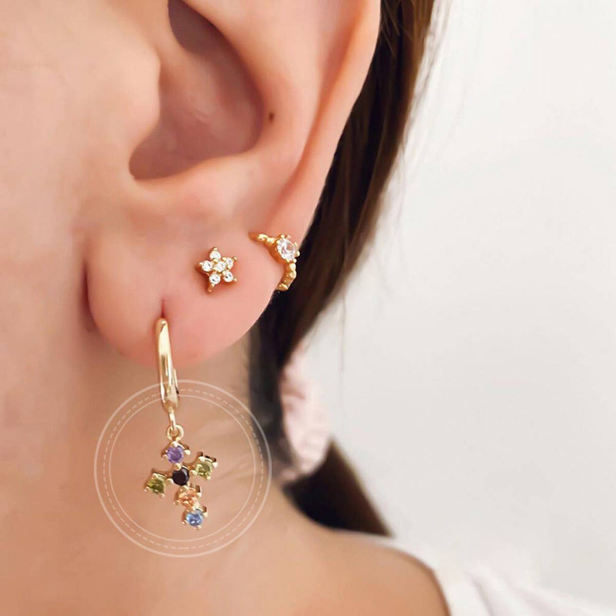 COLORFUL FRENCH CROSS DIAMOND EARRINGS_CWAJE1733