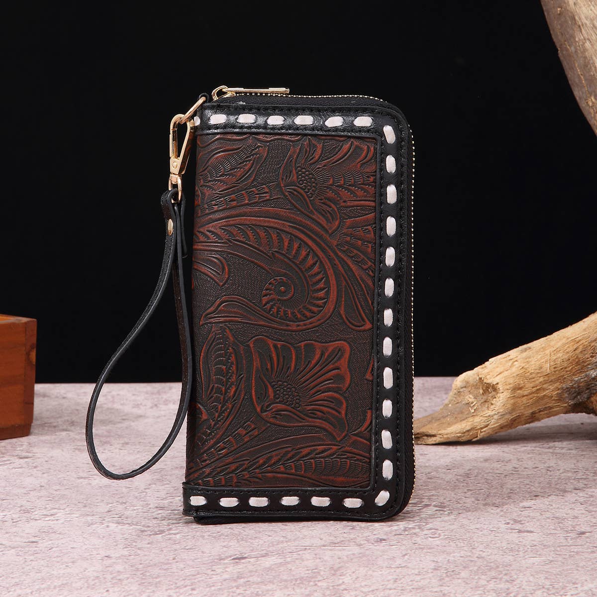 LEATHER CARVED EMBOSSED BOHEMIAN CLUTCH WALLET_CWAB2592