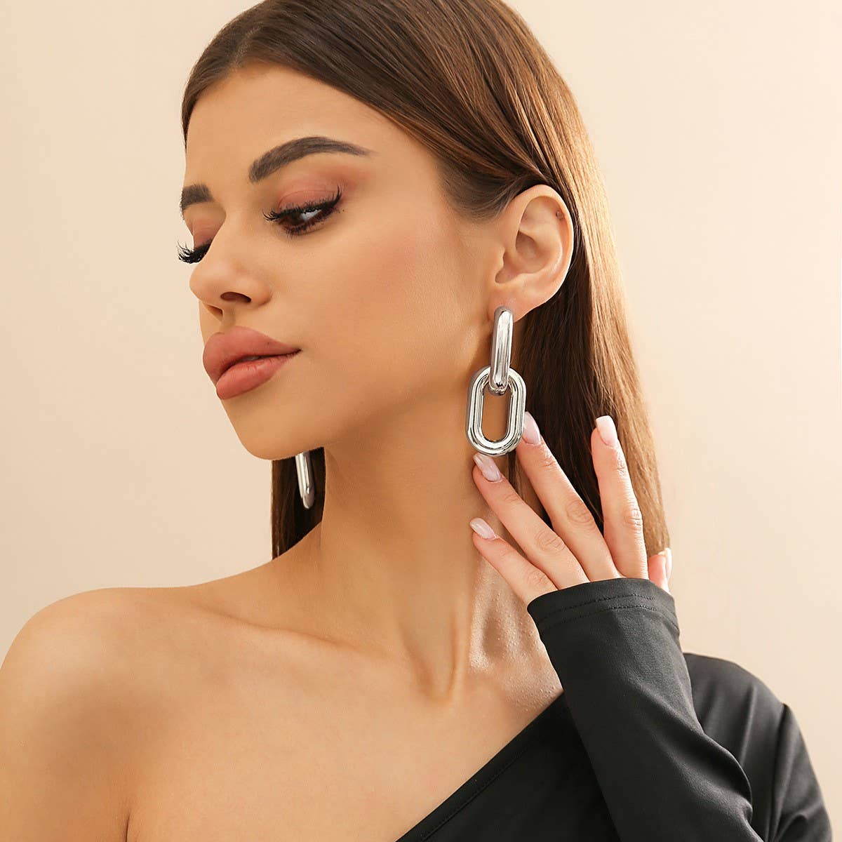 METAL WIND CIRCULAR RING THICK CHAIN EARRINGS_CWAJE1153