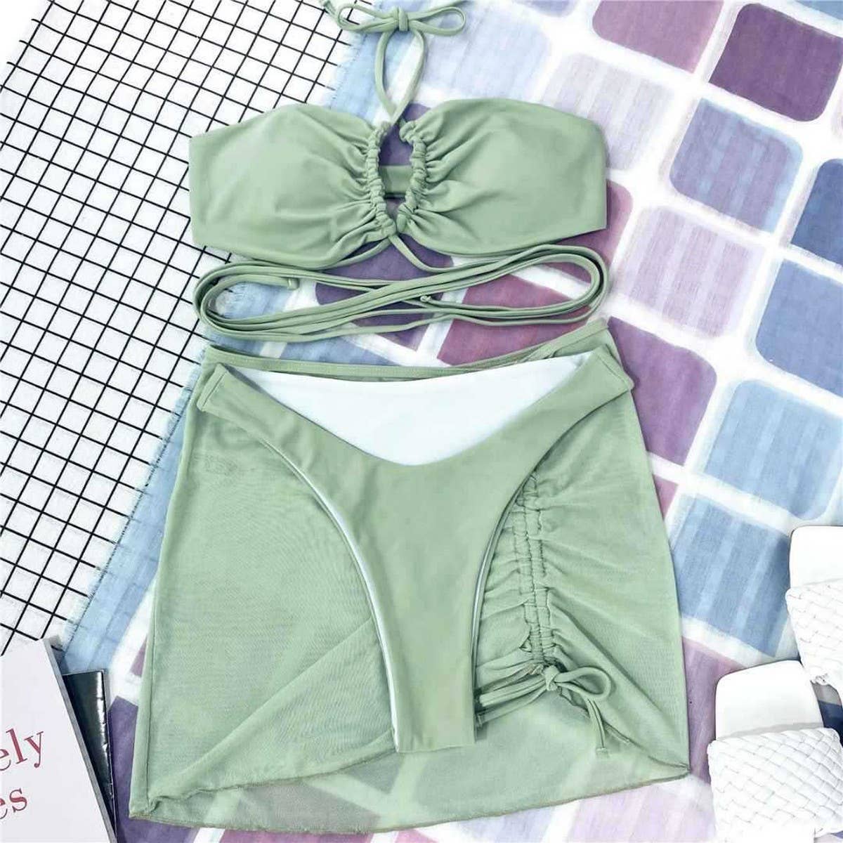 SOLID COLOR BANDAGE BIKINI SEXY WOMENS SWIMWEAR_CWMW0167