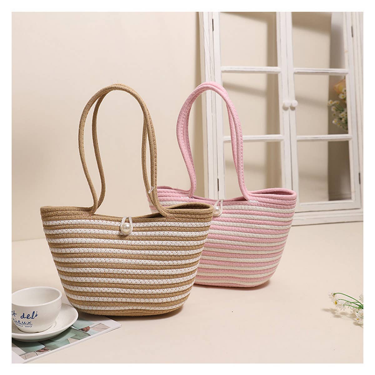 LARGE CAPACITY STRIPED SHOULDER BAG STRAW BAG_CWAB1882