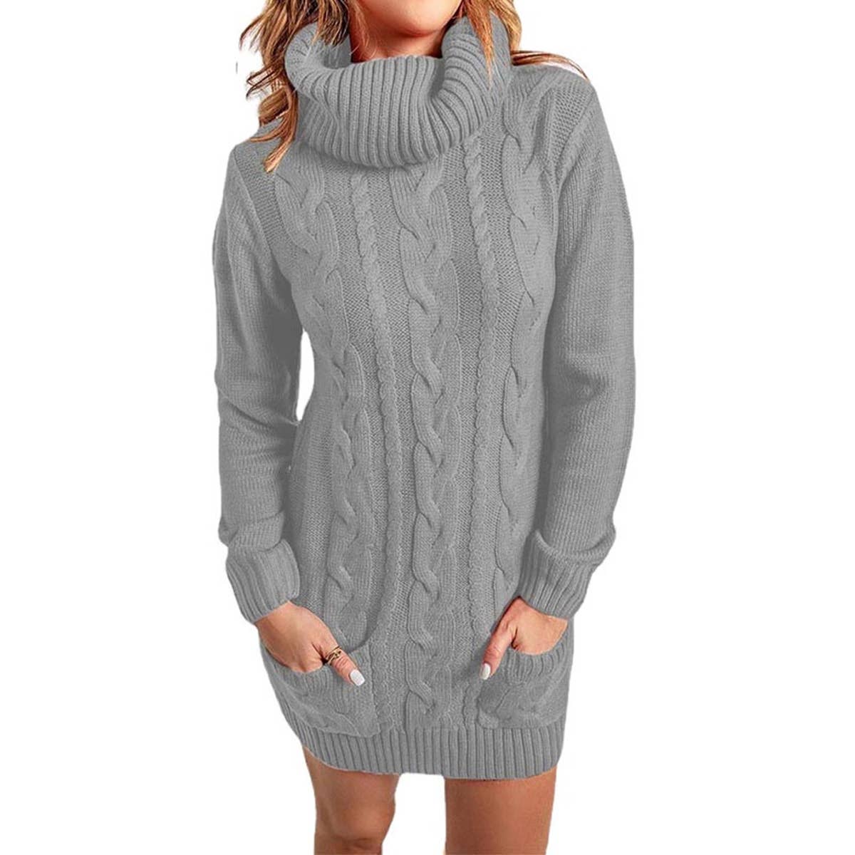 Turtleneck Solid Color Crew-Neck Sweater Dress