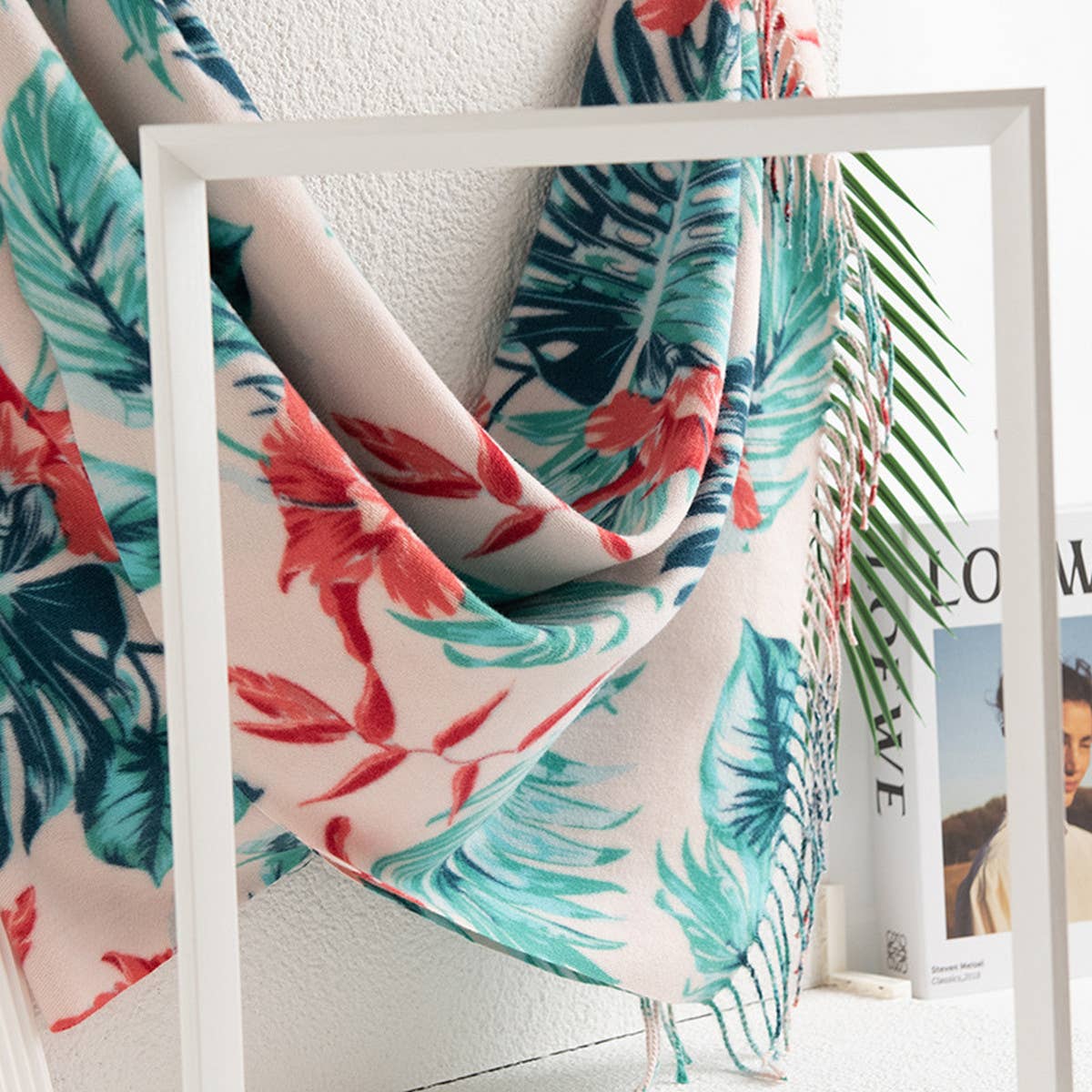 LEAF PRINT TASSEL SCARF SOFT FAUX CASHMERE WRAP_CWASC0915
