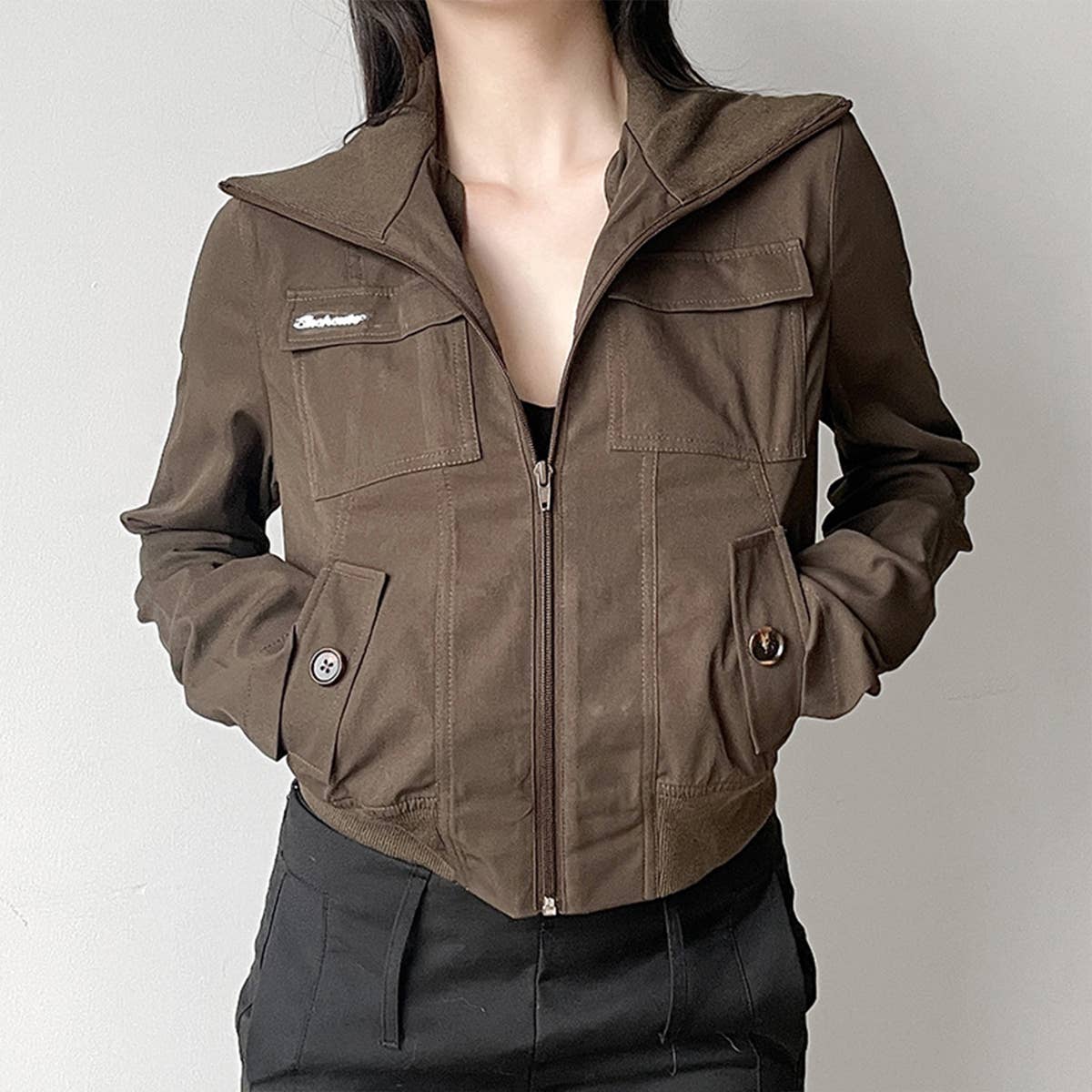 Vintage Cargo Style Zip-Up Lapel Short Jacket
