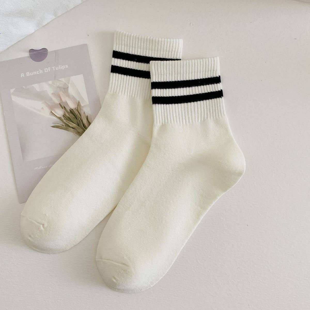 Women'S New White Striped Polka Dot Mid-Calf Socks_Cwms1350