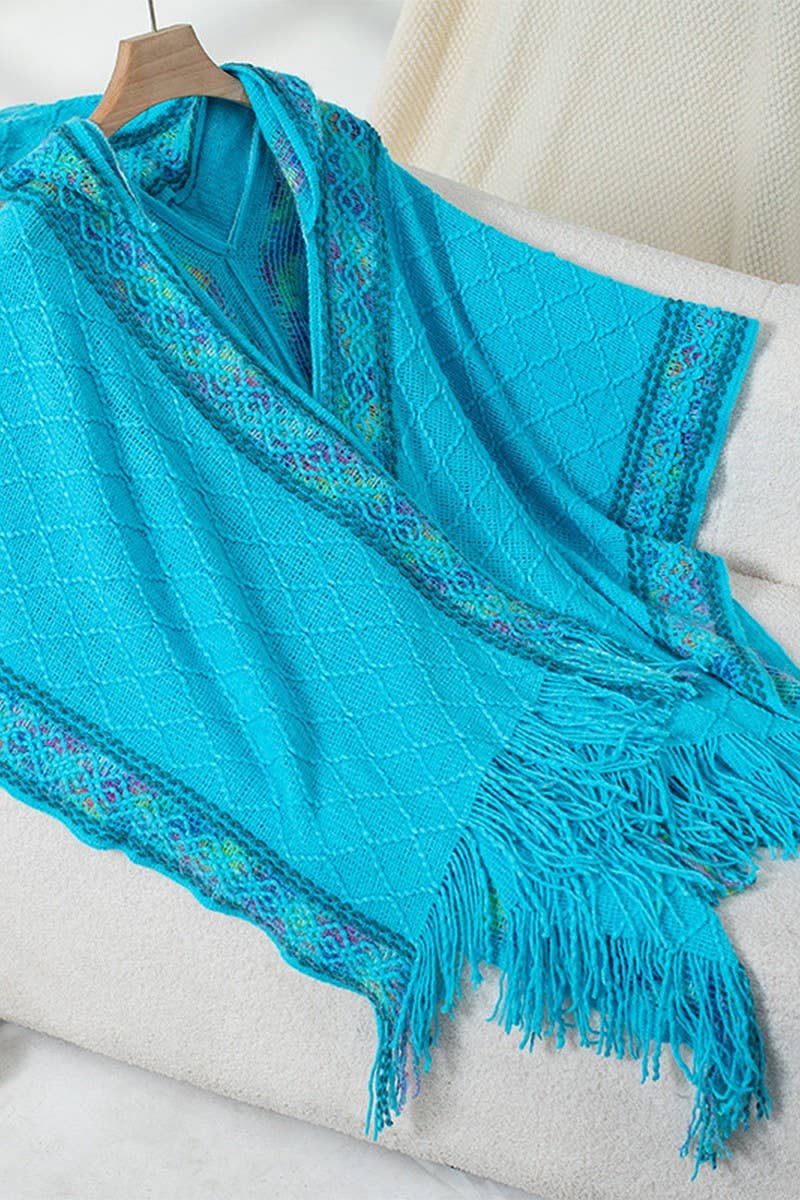Cwocas0048_Ethnic Knitted Hooded Tassel Cape Shawl