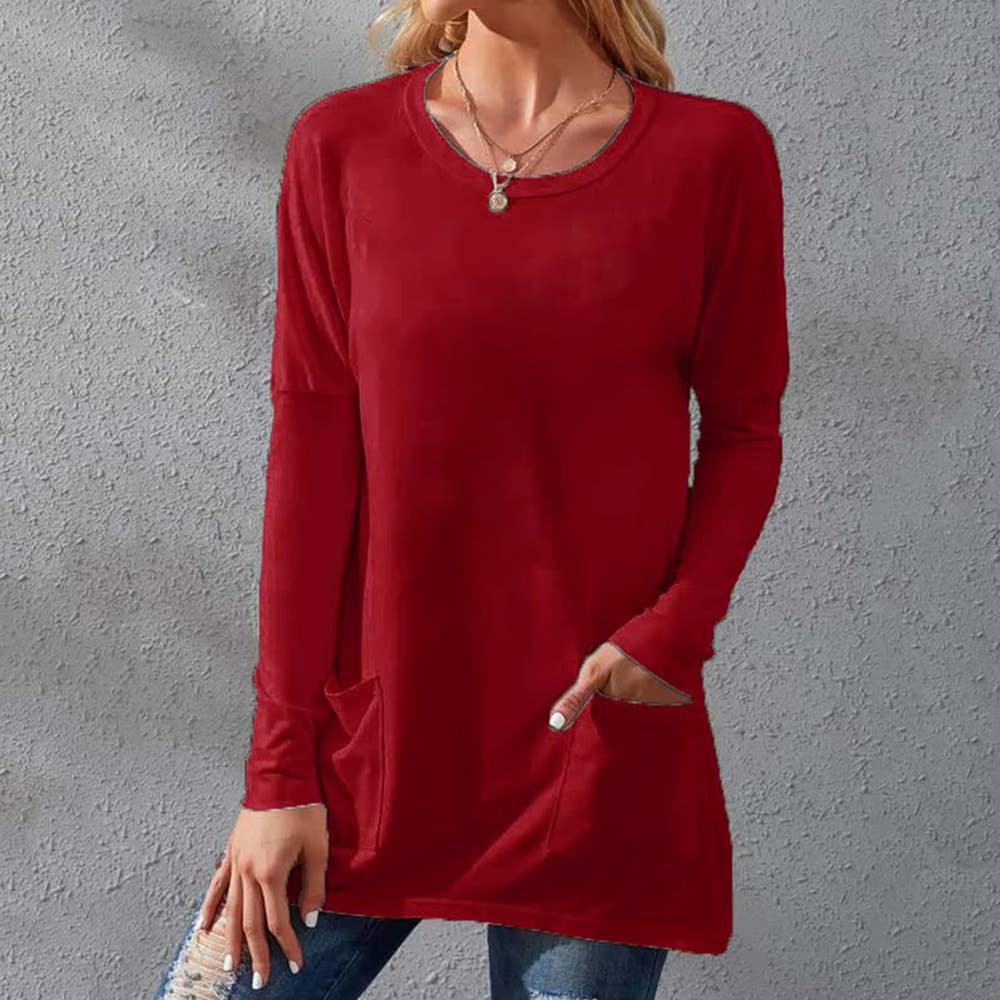 Solid-Color Loose Round-Neck Pocket T-Shirt