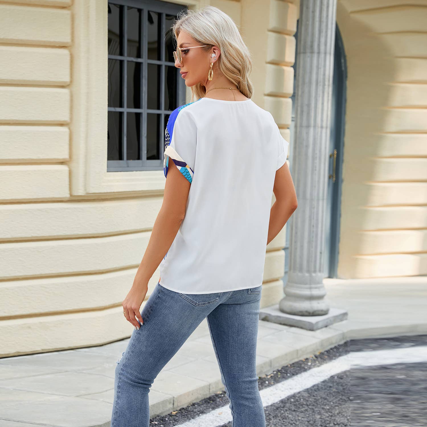 V-Neck Geometric Print Shoulder Loose Chiffon