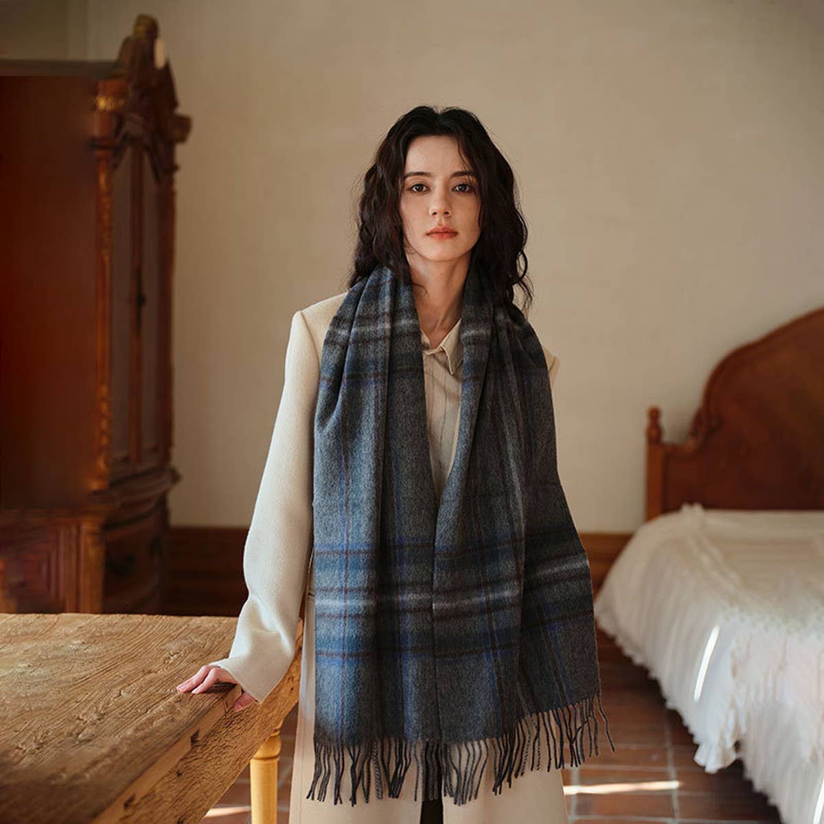 100% WOOL PLAID SCARF RED CHECK WINTER WARMTH_CWASC2325