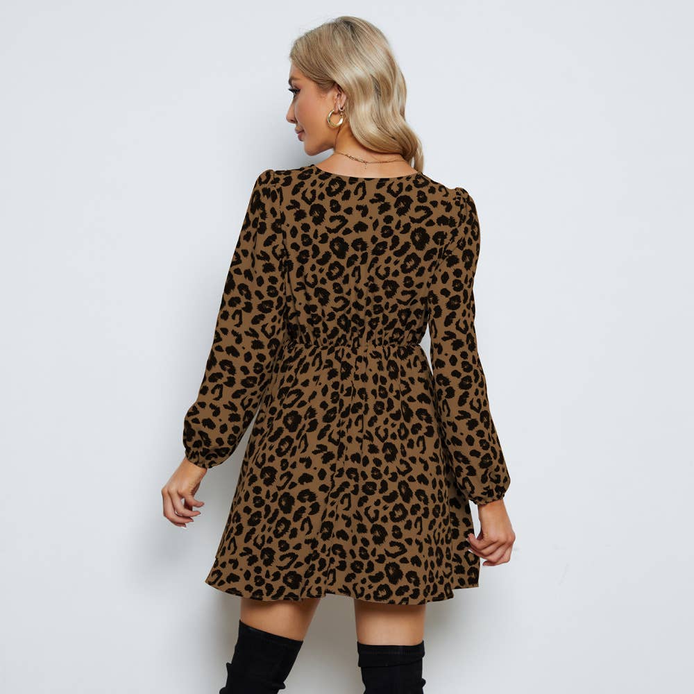 V-Neck Leopard Print Long-Sleeved Dress