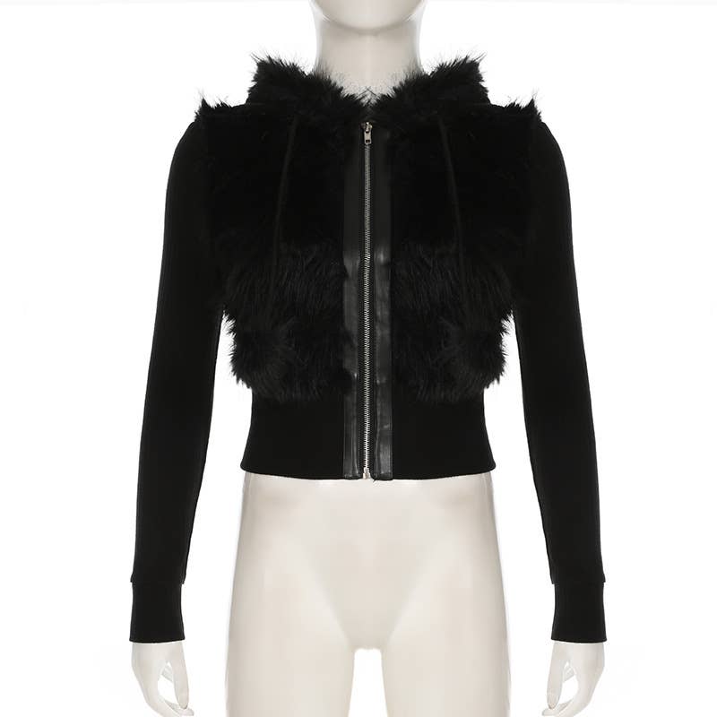 Vintage Cratered Patchwork Furry Hoodie Jacket