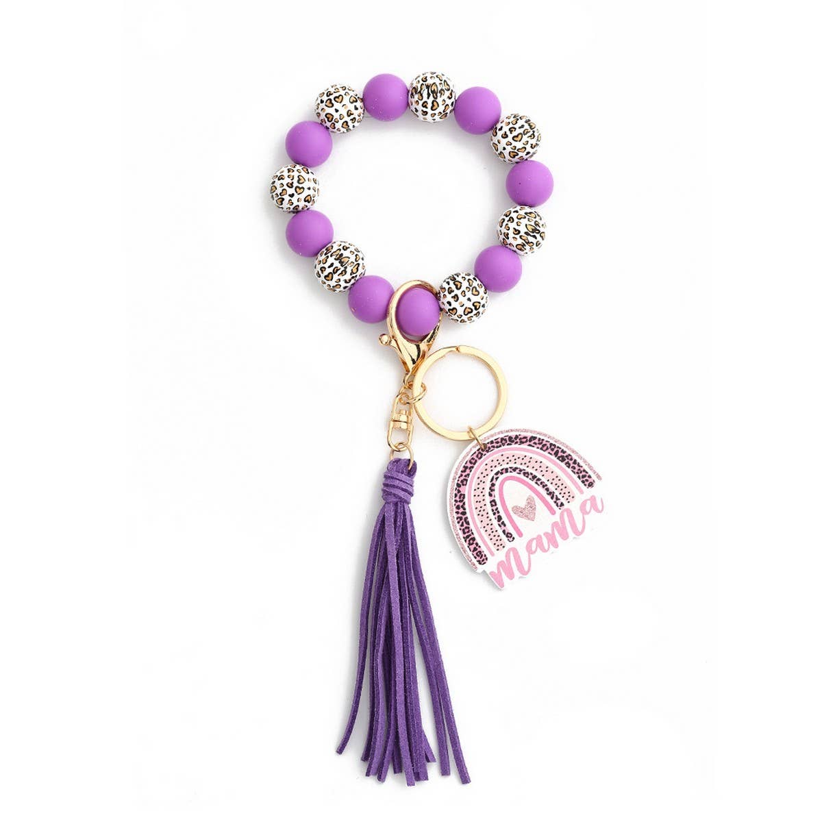 LEOPARD WOOD BEAD BRACELET HEART KEYCHAIN_CWAB5075