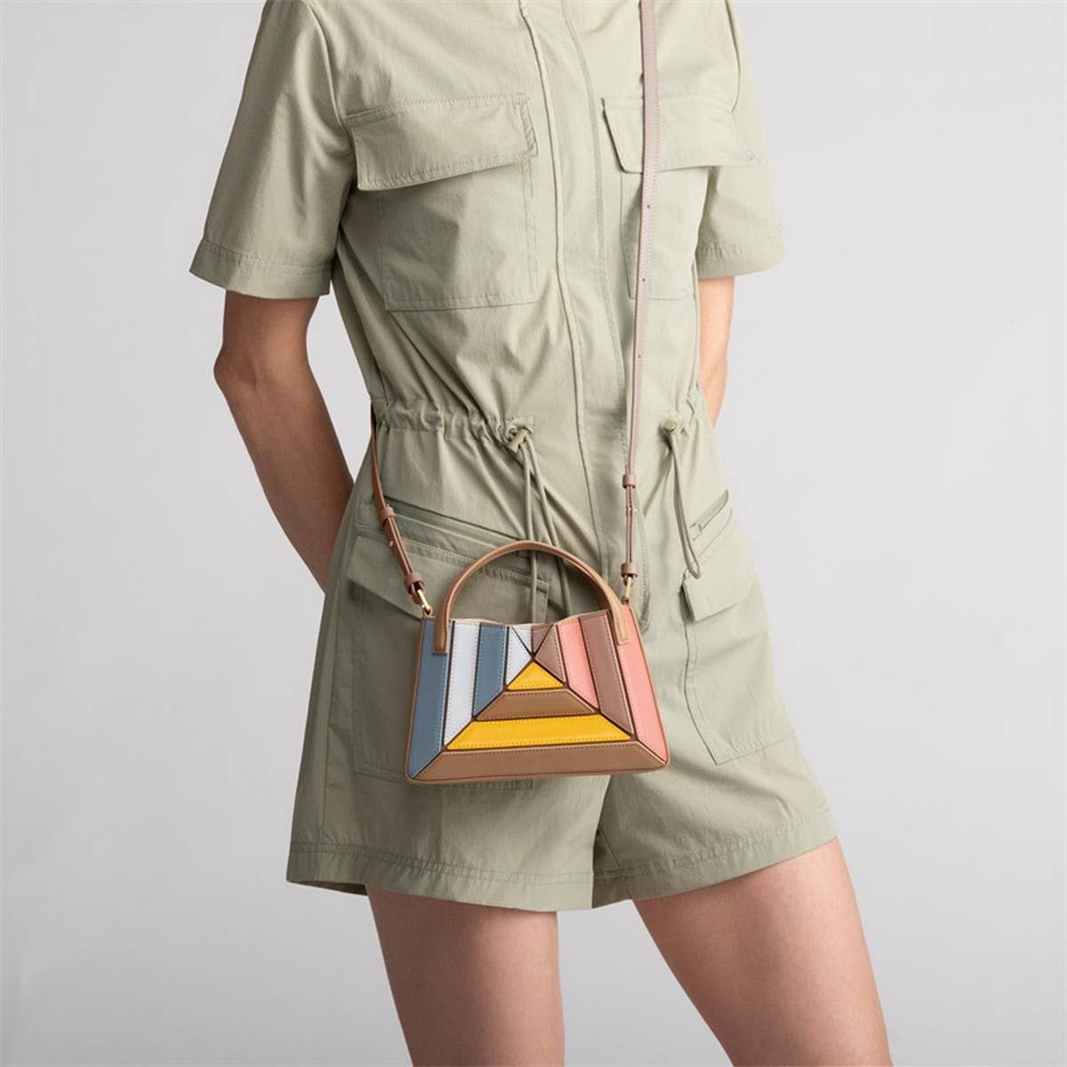 Triangular Foldin Bag Multi-Color Stitching Handbag_Cwab1939