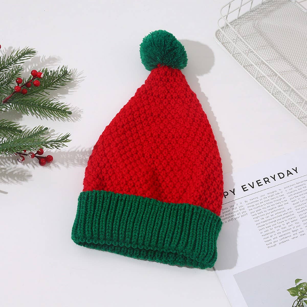 Cwah04352_Red White Christmas Knit Beanie Hat