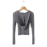 V-Neck Hooded Short Knit Sweater