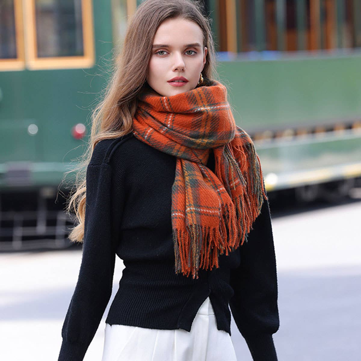 PLAID WINTER SCARF FOR WOMEN SOFT TASSEL SHAWL_CWASC0224