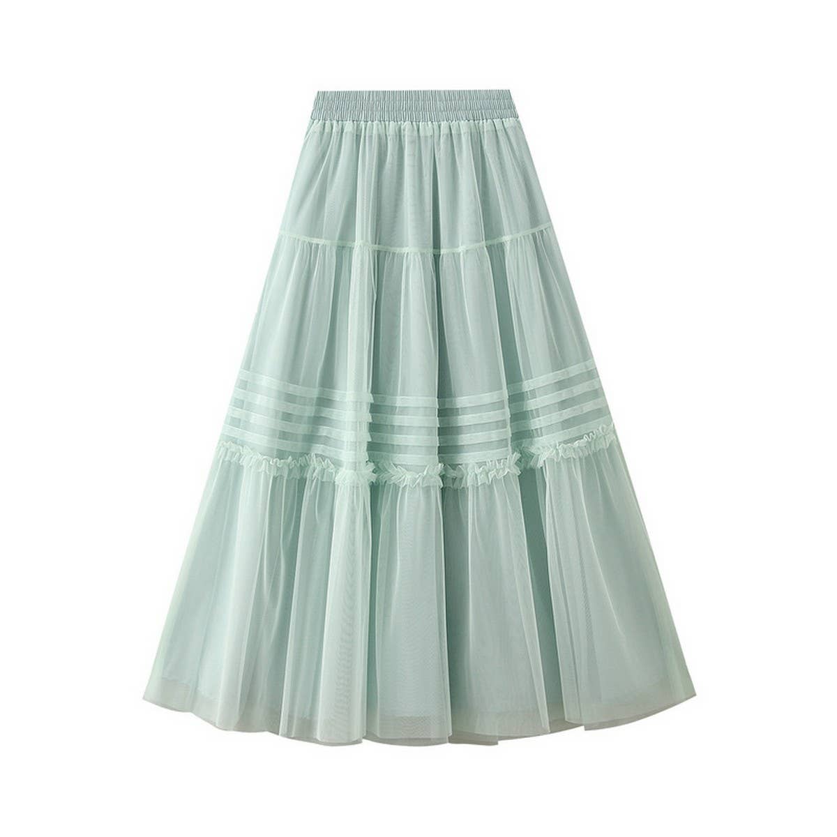 Vintage Pleated Lace Trim Tulle Maxi Skirt_Cwbms0348