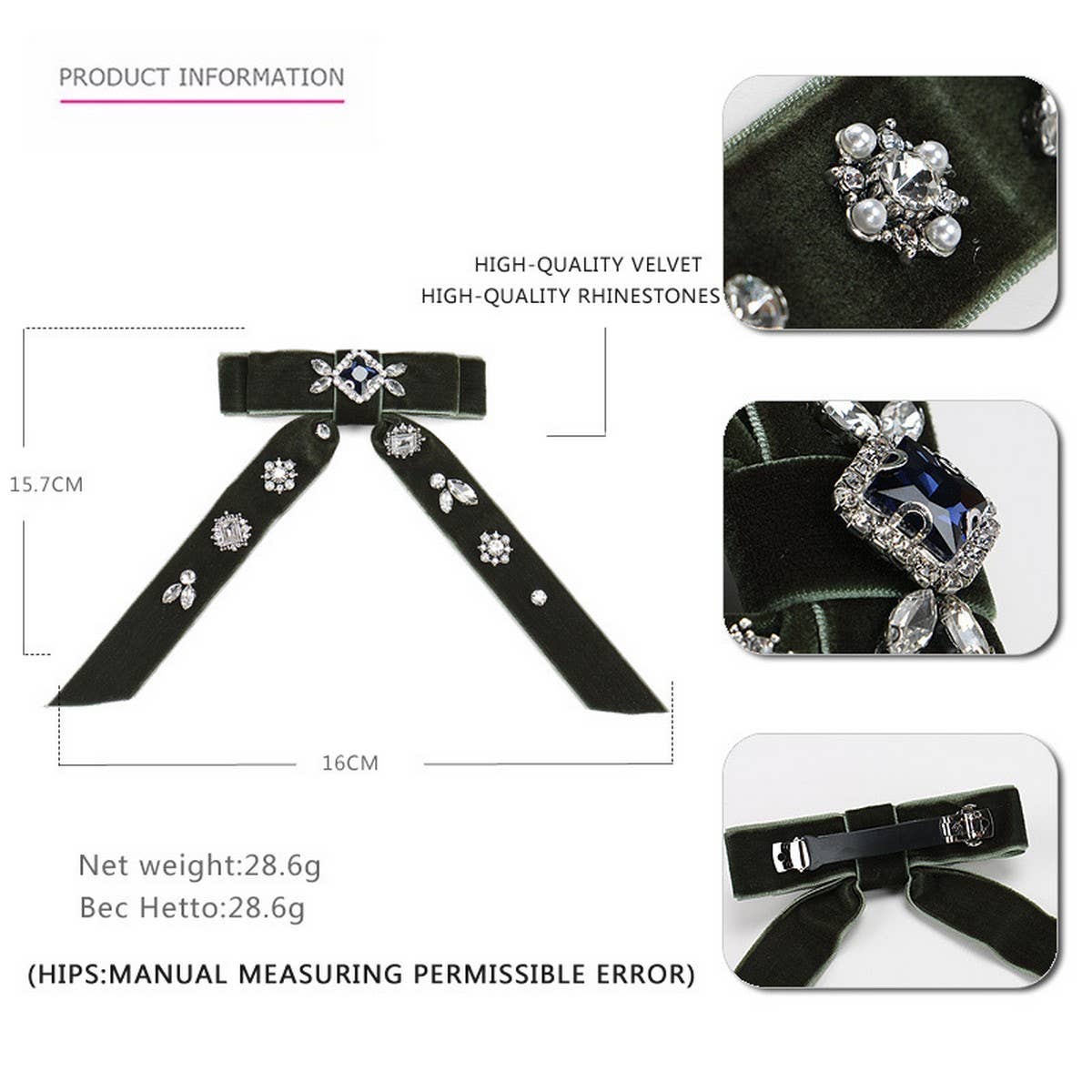 Vintage Crystal Hairpin Velvet Bow Hair Accessory