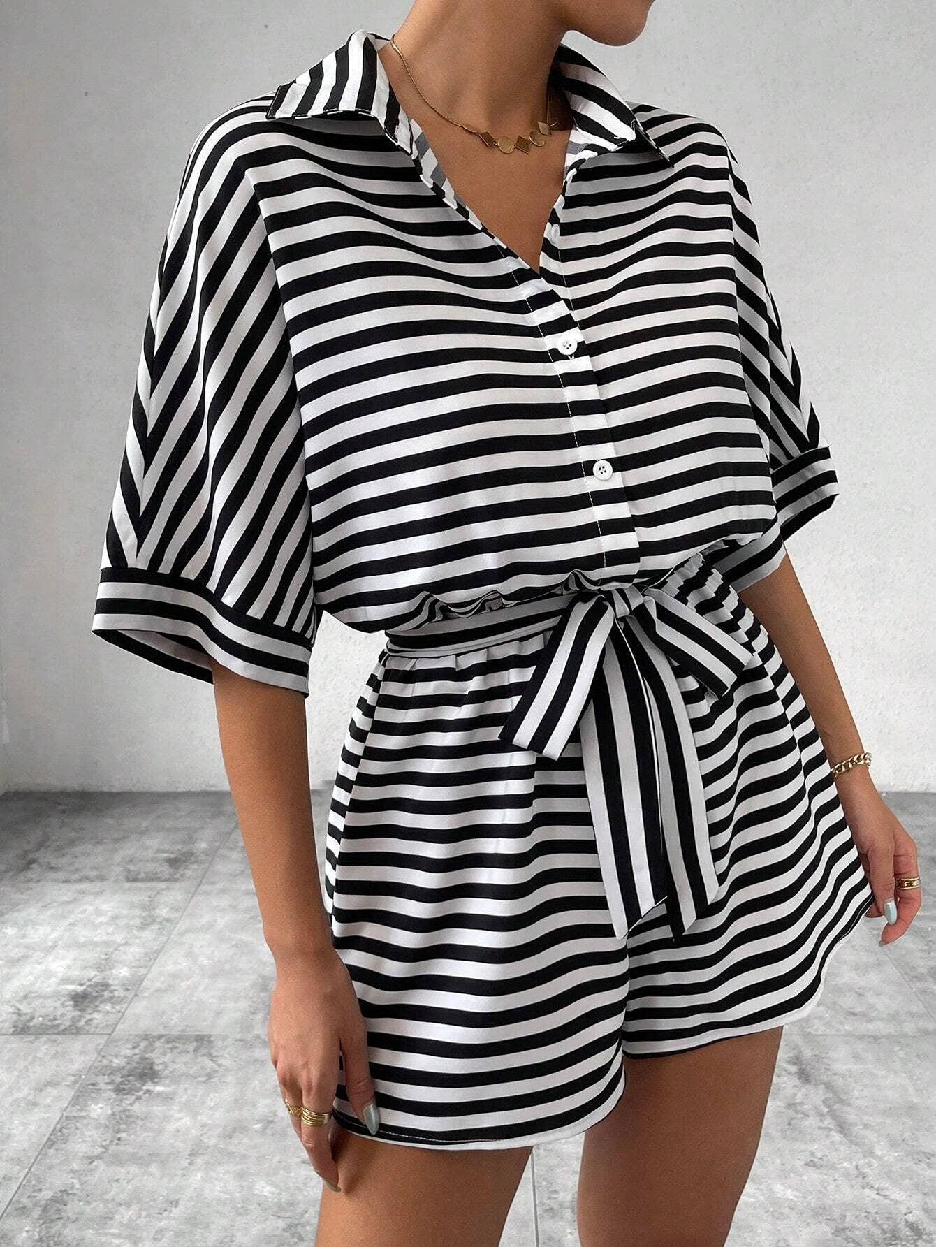 Striped Lapel Belted Shorts Short Sleeved Onesie