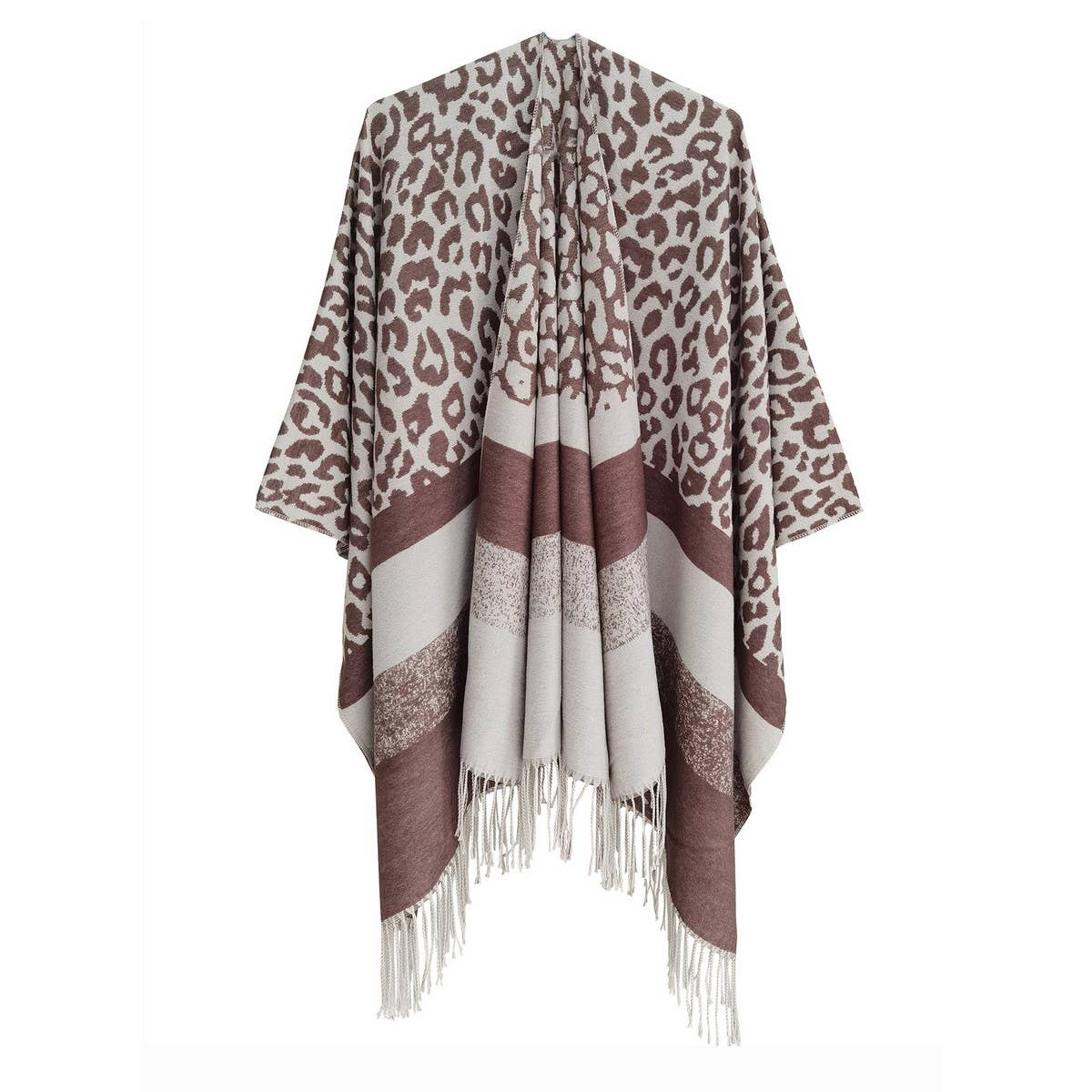 LEOPARD PRINT STRIPED TASSEL WARM SPLIT SHAWL_CWASC0310