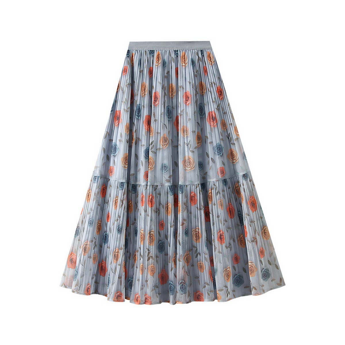 REVERSIBLE ROSE PRINT TULLE PLEATED MAXI SKIRT_CWBMS0358