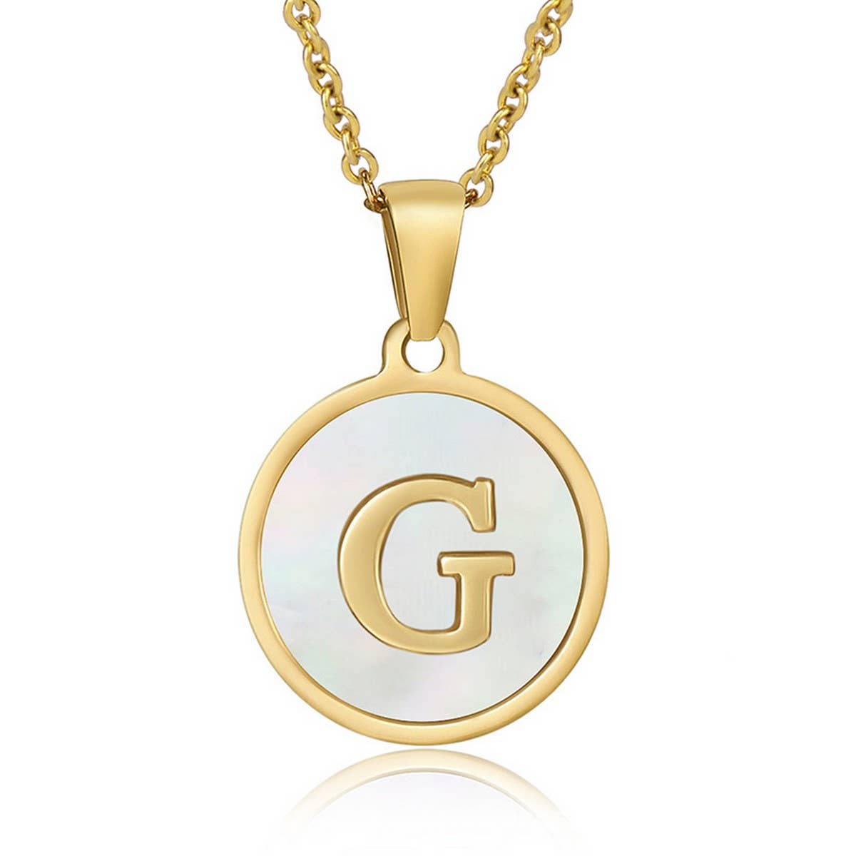 Cwaje1934_Round Stainless Steel White Shell Letter Necklace